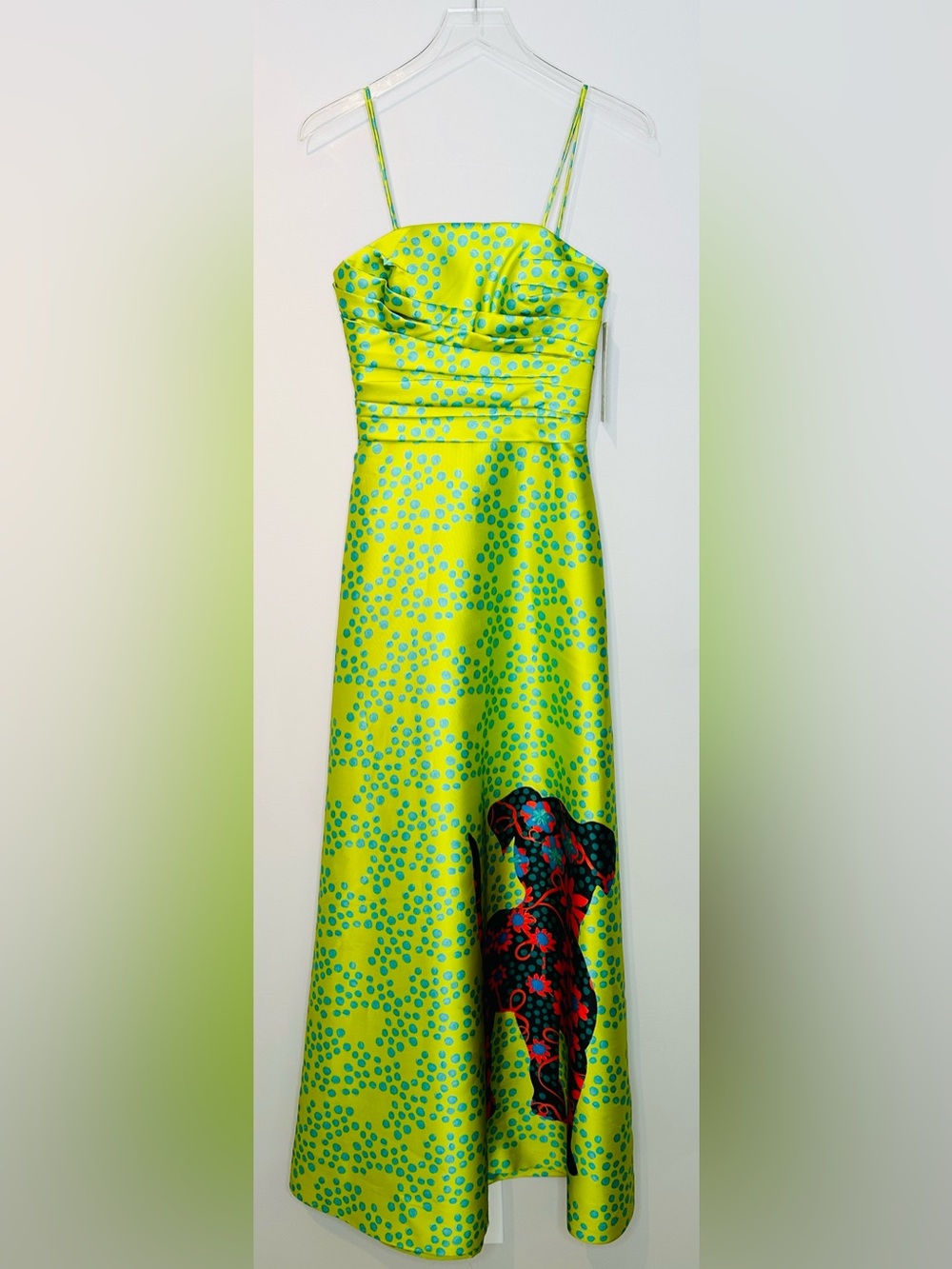 Theia Lime Green Spotted Puppy Dog Satin Formal Strapless Gown Dress